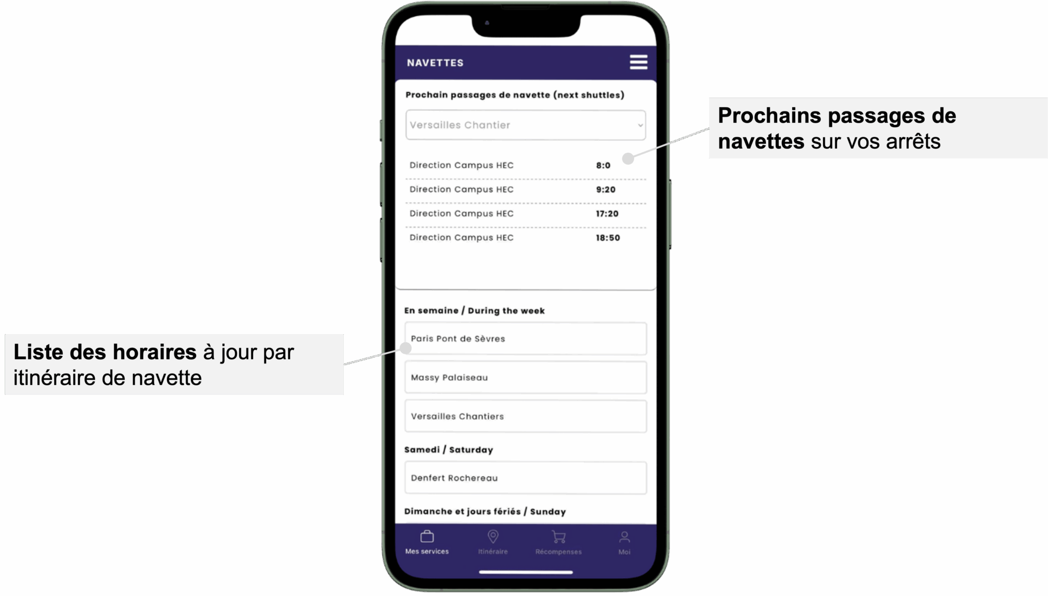 Voir les horaires des navettes Voir les prochains passage de navettes àdes arrêts donnés Rechercher des itinéraires intermodaux combinant les navettes aux transports en commun Réserver des navettes  En tant que gestionnaire : Ajouter/modifier/supprimer des navettes pour vos collaborateurs Mesurer l'usage fait des navettes