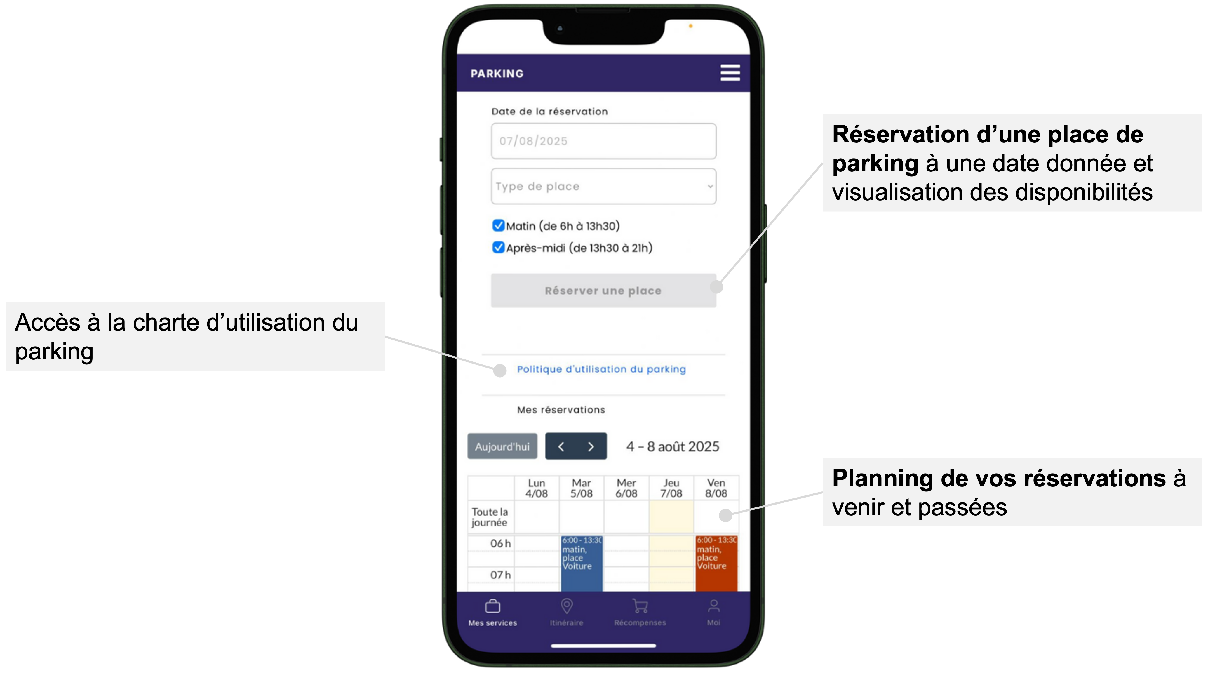 Réservation de place (voiture, PMR, électrique, vélo, etc.) Visibilité de la disponibilité des places sur les dates sélectionnées Réservation de places de parking prioritaires pour les collaborateurs se rendant sur site en covoiturage En tant que gestionnaire : Accéder à tout le reporting personnalisé pour l'optimisation de votre parking Définition de profils d'accès Mise en place d'une charte d'usage du parking personnalisée Mise en place de rapports sur mesure